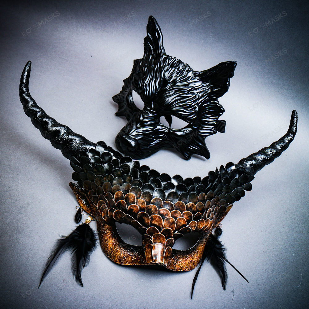 Black Wolf Animal Scary Masquerade Brown Devil Long Horn Halloween Couple Mask